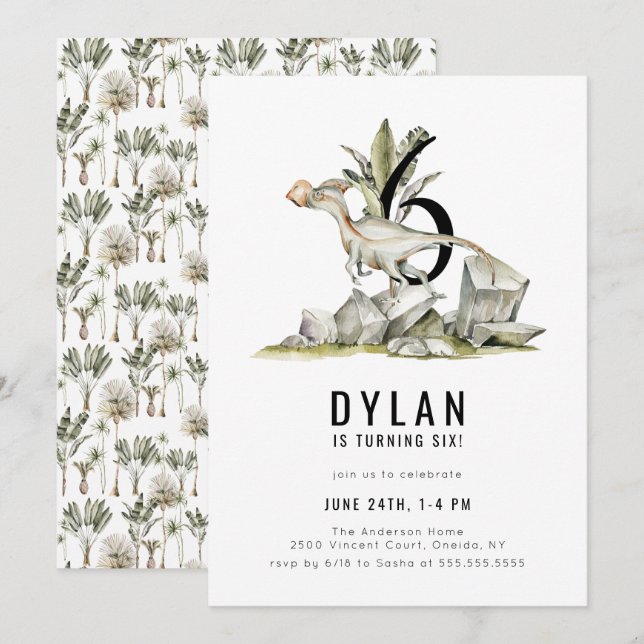 Convite Festa de aniversário 6 do Tema do Dinossauro (Frente/Verso)