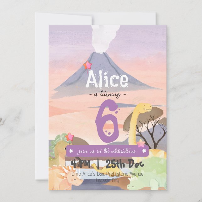 Convite Festa de aniversário 6 personalizada do Dinossauro (Frente)