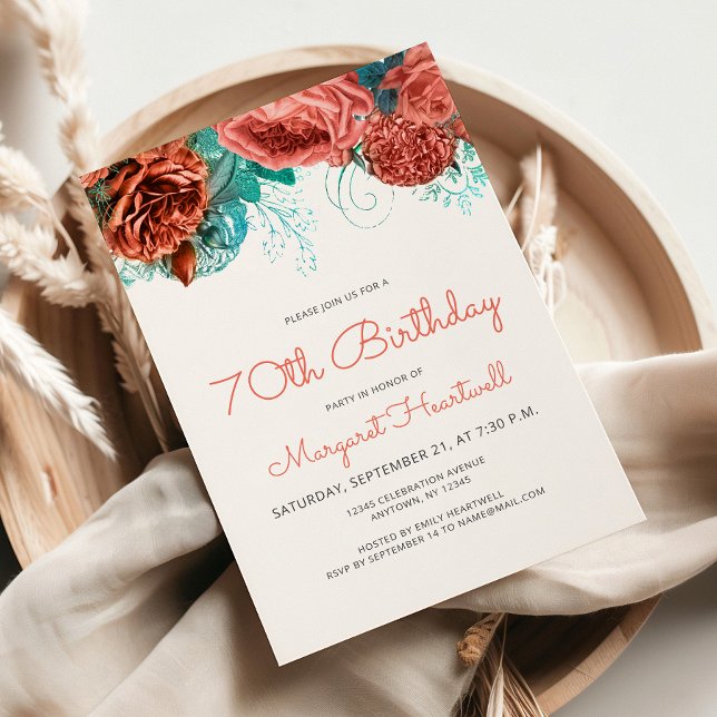 Convite Festa de aniversário 70 azul-coral azul-palha (Criador carregado)