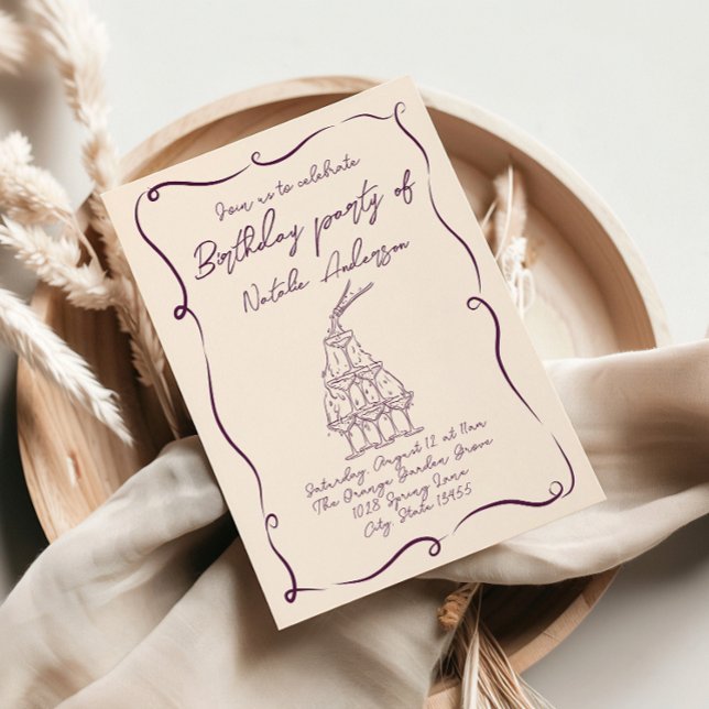 Convite Festa de aniversário 70s de onda roxa desenhada à  (Criador carregado)