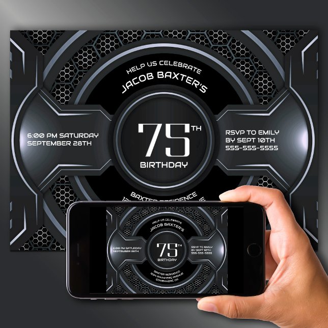 Convite Festa de aniversário 75ª Prata Negra Moderna (Criador carregado)