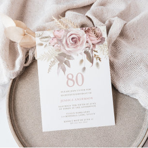 Convite Festa de aniversário 80 de rosas cor-de-rosa com l