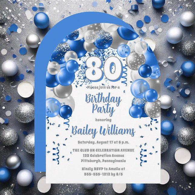Convite Festa de aniversário 80 dos Balões de Celebração A (Blue, Silver Tone and White  Celebration Balloons "80" 80th Birthday Party Invitation - Print | Digi)