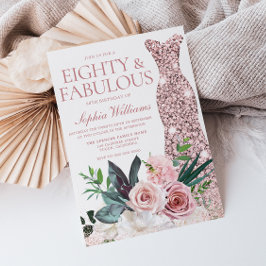 Convite Festa de aniversário 80 Floral rosa Dourada