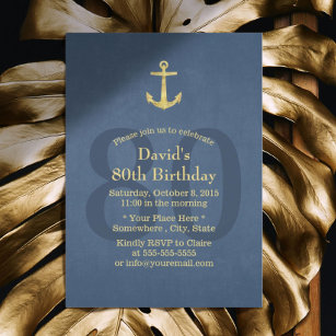 Convite Festa de aniversário 80 Marinho Azul-Dourado Ancor