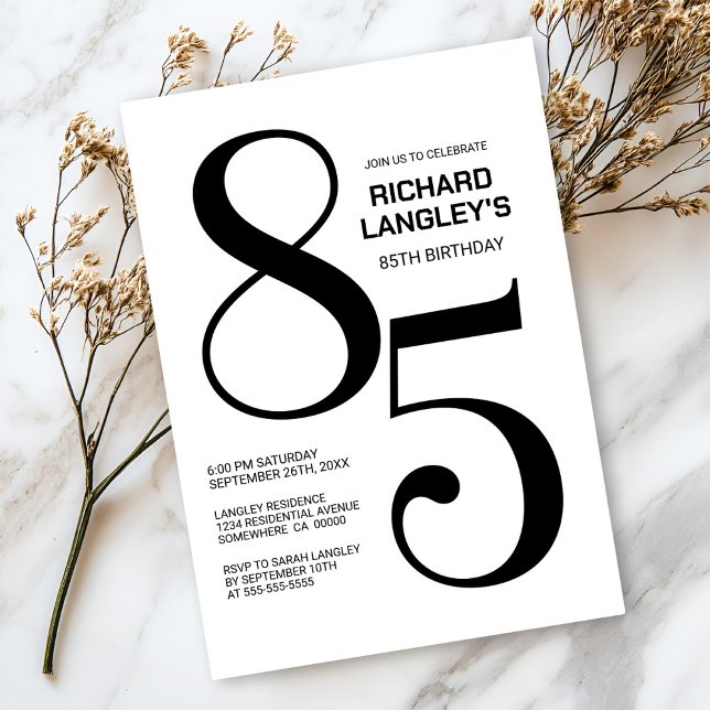 Convite Festa de aniversário 85 preto e branco moderno (Criador carregado)