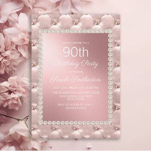 Convite Festa de aniversário 90 branco-rosado Dourado Ros
