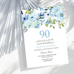 Convite Festa de aniversário 90 de Flores de Cores Azuis d