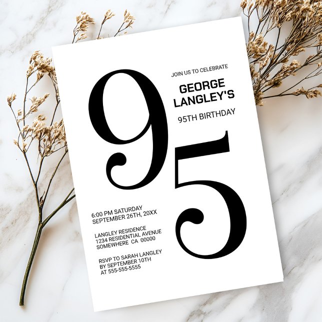 Convite Festa de aniversário 95 preto e branco moderno (Criador carregado)
