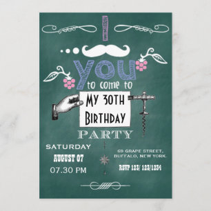 Convite Festa de aniversário adulta com bigode vintage em