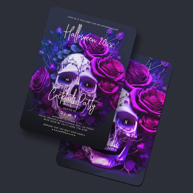 Convite Festa de aniversário Adulta Halloween Azul Roxo (Adult Halloween Birthday Party Skull Blue Purple Invitation
)