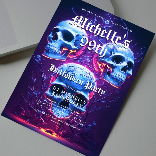 Convite Festa de aniversário Adulta Halloween Neon Skull M (Adult Halloween Birthday Party Neon Skull Modern Invitation
)