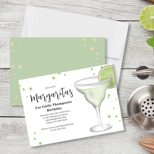 Convite Festa de aniversário Adulto Chic Margarita Bebidas (birthday party invitation with a fun watercolor margarita with a lime.)