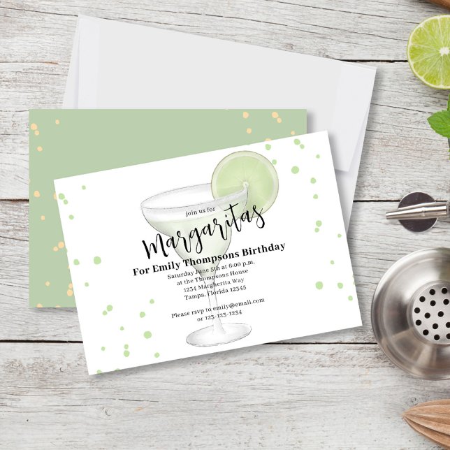 Convite Festa de aniversário Adulto Chic Margarita Bebidas (birthday party invitation with a fun watercolor margarita with a lime.)