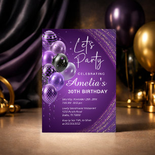 Convite Festa de Aniversário Adulto Roxo e Dourado