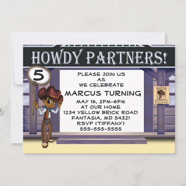 Convite Festa de aniversário afro-americana do cowboy (Frente)