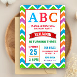 Convite Festa de aniversário alfabética Colorida ABC Kids<br><div class="desc">Encontrem seus convidados com este convite de aniversário do tema do alfabeto fofo apresentando uma tipografia vibrante contra uma borda padrão do diafrão. Basta adicionar os detalhes do seu evento neste modelo fácil de usar para torná-lo um convite de tipo único.</div>