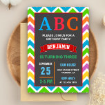 Convite Festa de aniversário alfabética Colorida ABC Kids<br><div class="desc">Encontrem seus convidados com este convite de aniversário do tema do alfabeto fofo apresentando uma tipografia vibrante contra uma borda padrão do diafrão. Basta adicionar os detalhes do seu evento neste modelo fácil de usar para torná-lo um convite de tipo único.</div>