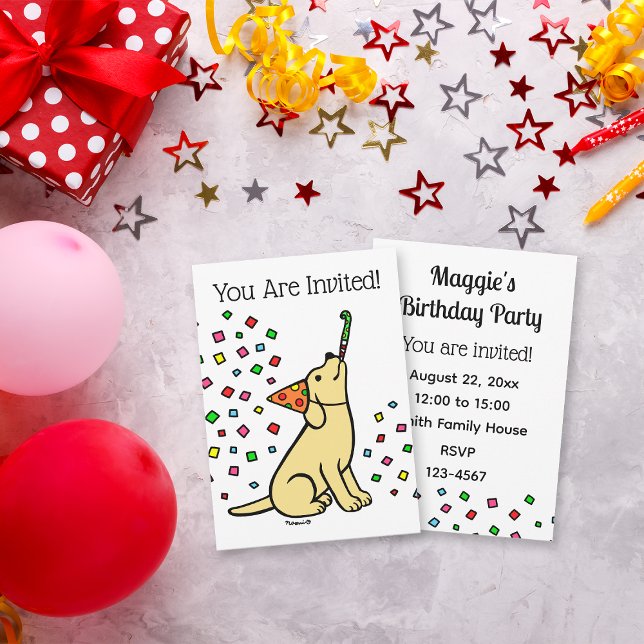 Convite Festa de aniversário Amarela Labrador Confetti (Yellow Labrador Confetti Birthday Party Invitation for Labrador Owners.  Cartoon art design.)
