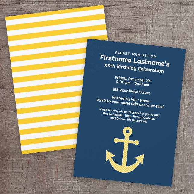 Convite Festa de aniversário Amarelo Marinho Ângulo Náutic (Custom Nautical Party Invitation)
