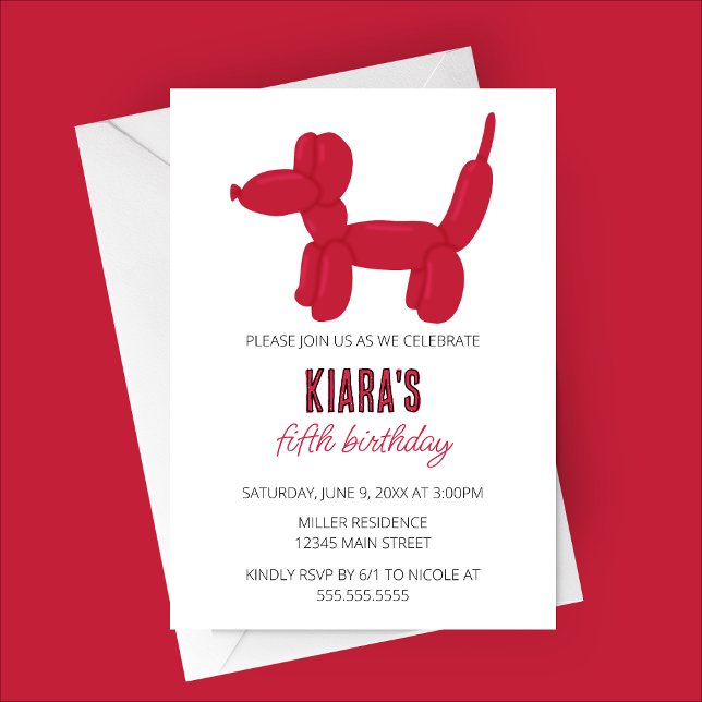 Convite Festa de aniversário Animal do Cachorro Vermelho (Red Dog Balloon Animal Birthday Party Invitation)