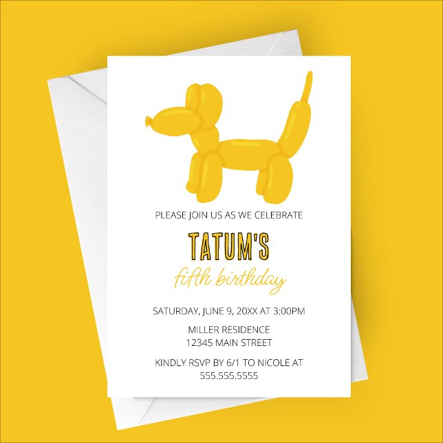 Convite Festa de aniversário Animal do Cão Amarelo (Yellow Dog Balloon Animal Birthday Party Invitation)