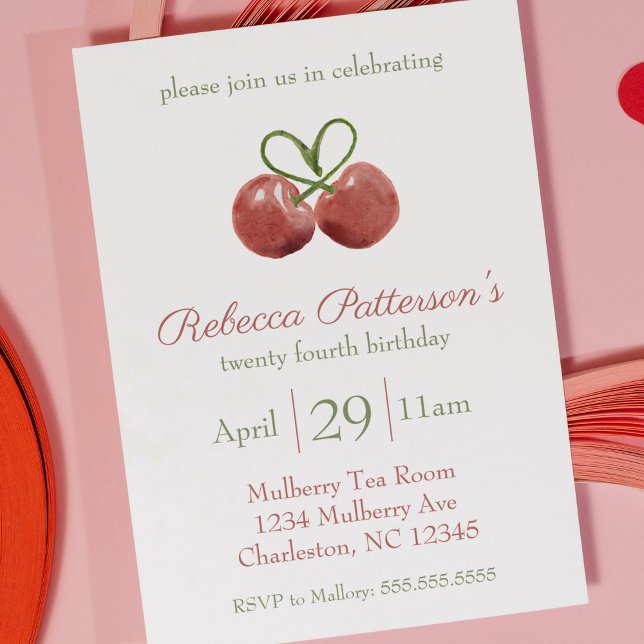 Convite Festa de Aniversário Aquarela Coquette Cereja Verm (cherry coquette aesthetic heart birthday party invitation cute watercolor cherry first birthday )