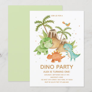 Convite Festa de Aniversário Aquarela de Dinossauro Fofa