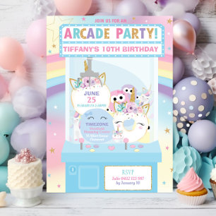Convite Festa de aniversário Arcade Rainbow Unicorn