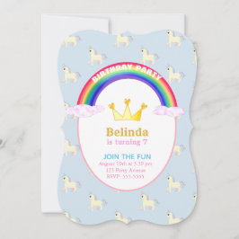 Convite Festa de aniversário Arco-Íris, Coroa e Unicórnios