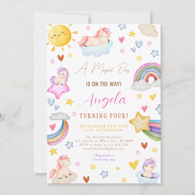 Convite Festa de aniversário Arco-Íris Magnética Unicorn W (Frente)