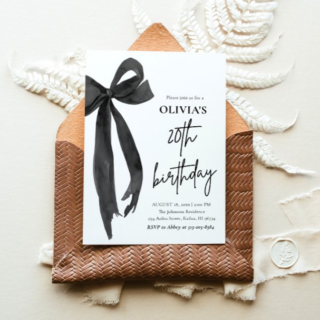 Convite Festa de aniversário Arco Preto Elegante (Watercolor Modern Elegant Coquette Black Bow Photo 20th Birthday Party Invitation)