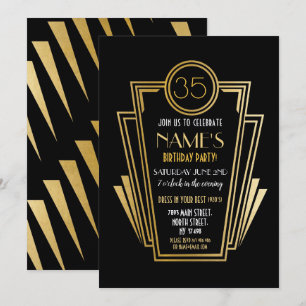 Convite festa de aniversário Art Deco de 1920, Dourada Con