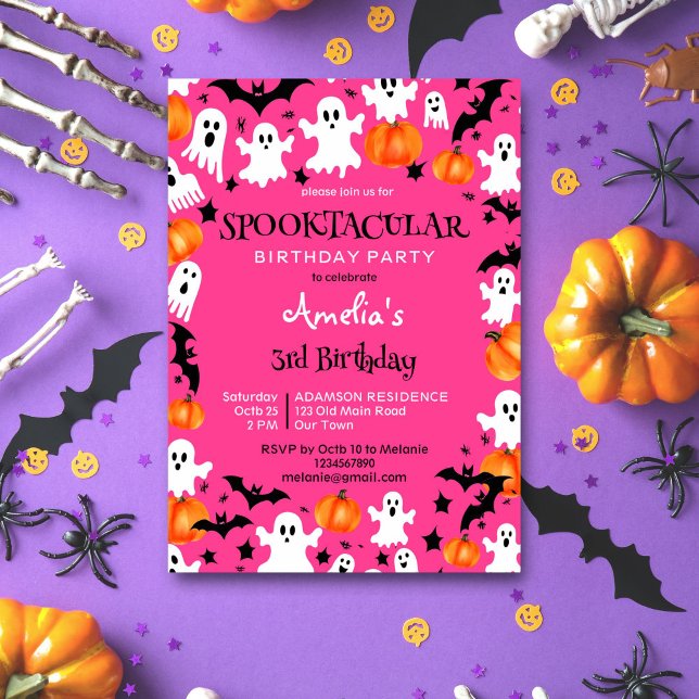 Convite Festa de aniversário assustadora e assustadora do  (Pink Halloween spooktacular birthday party editable template invitation digital download ghosts bats)