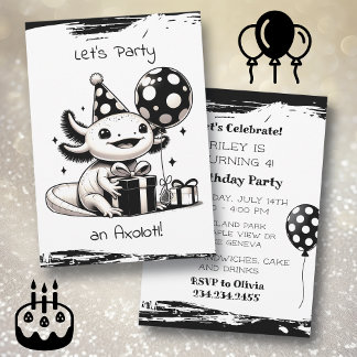 Convite Festa de aniversário Axolotl em preto e branco