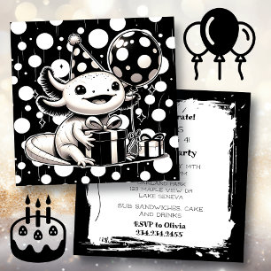 Convite Festa de aniversário Axolotl em preto e branco