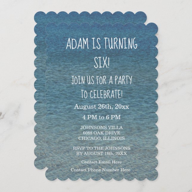 Convite Festa de aniversário Azul Água Cênnica Idade Perso (Frente/Verso)