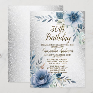 Convite Festa de aniversário Azul Água-Cor Prata Flor