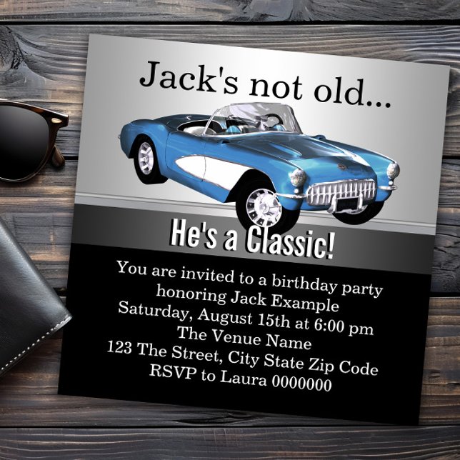 Convite Festa de aniversário Azul Antiquado do Carro (Classic car any number birthday invitation. All text, fonts and wording can be changed as needed.)