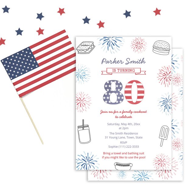 Convite Festa de aniversário Azul Branco Vermelho no Feria (Fun casual red white and blue 80th birthday invitation perfect for a 4th July Birthday)