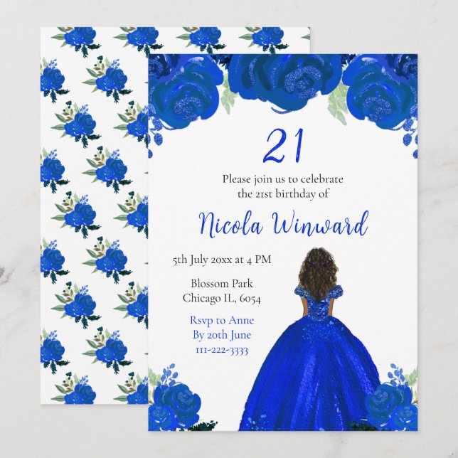 Convite Festa de aniversário azul da Princesa da Pele Escu (Frente/Verso)