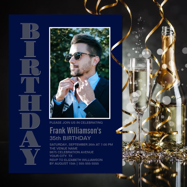 Convite Festa de aniversário Azul de Foto de Qualquer Cinz (Criador carregado)