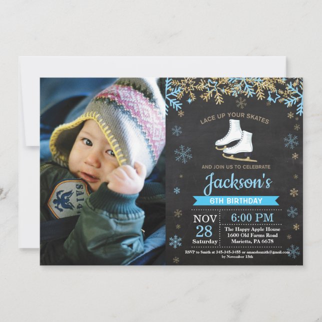 Convite Festa de aniversário azul de gelo Foto do Skate az (Frente)