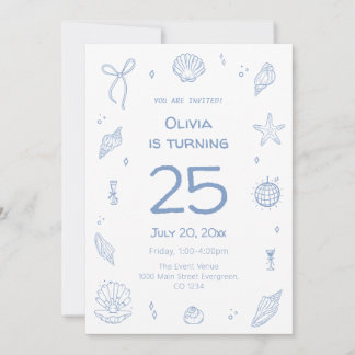 Convite Festa de aniversário Azul de Praia Desenhada à Mão