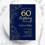 Convite Festa de aniversário Azul Dourado Floral 60ª marin<br><div class="desc">Convite de aniversário Azul Dourado Floral 60º marinho. Design minimalista moderno com desenhos botânicos em destaque, folha de ouro falsa e letra de script de tipografia. Simples trendy convida cartão perfeito para uma festa de na moda. Pode ser personalizado para qualquer idade. Impressos convites Zazzle ou modelo de impressão digital...</div>