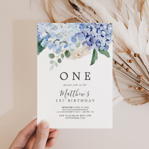 Convite Festa de aniversário Azul Elegante Hydrangea Bran
