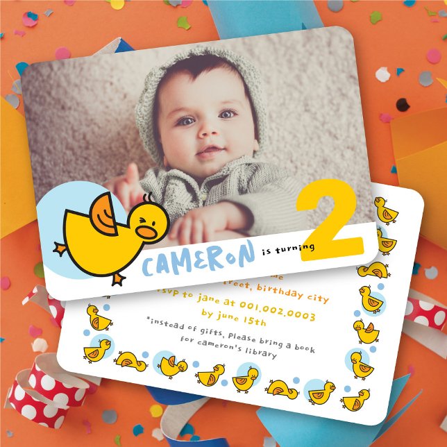 Convite Festa de aniversário Azul Foto-Menino Amarelo (Cute Yellow Duckies Blue Photo Boy Birthday Party Invitation @ fat_fa_tin)