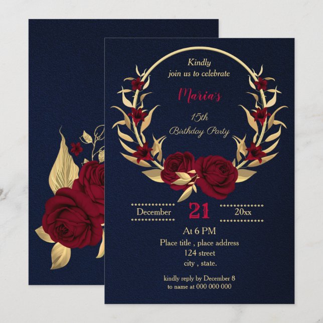 Convite festa de aniversário azul-marinho floral de ouro b (Frente/Verso)