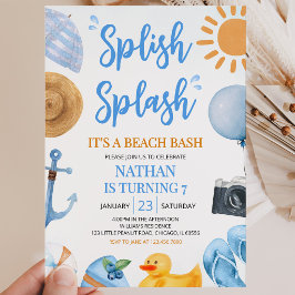 Convite Festa de Aniversário Azul na Praia com Splash