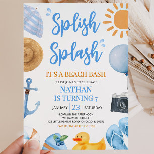Convite Festa de Aniversário Azul na Praia com Splash